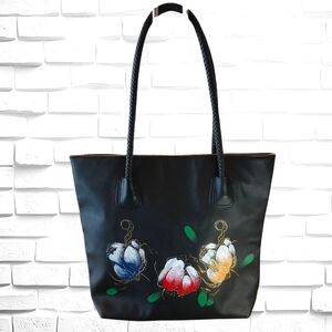 Large Black Carry-All Tote, Hand Painted Flowers, Trimmed In Gold, 16"x13"x5"